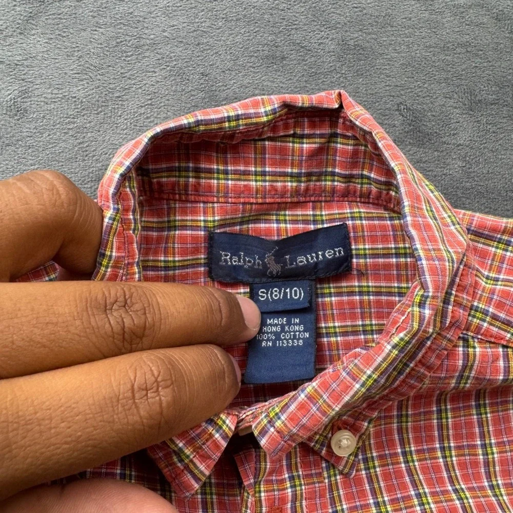 Ralph Lauren Boys Red Green Plaid Button Down Shirt Size S 8/10 Cotton LS